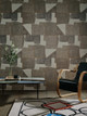 Sea Collage vinyl in Stone by Sandra Blow for Christopher Farr Cloth, featuring abstract overlapping forms in earthy tones.